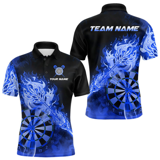 Maxcorners Custom Smoke Blue Fire Flaming Dart Arrow Men Darts Polo League Shirts Dart Team Jerseys