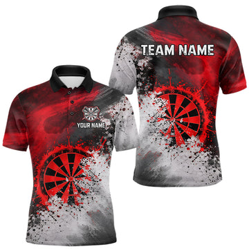 Maxcorners Custom Grey & Red Grunge Paint Dartboard Darts Polo Shirt For Men Outfit Dart Team Jerseys LM1501