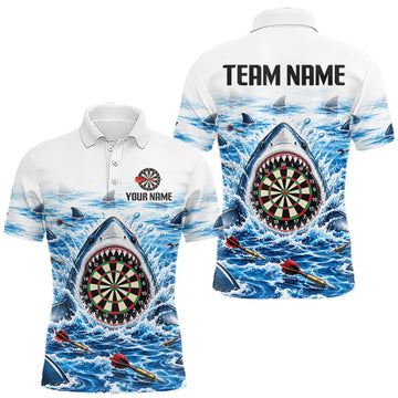 Maxcorners Funny Shark Darts Polo 1/4-Zip Shirt For Men Custom Blue Waving Shark Darts Team Jersey LM1910
