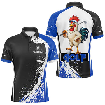 Maxcorners Funny Rooster Golfer Mens Golf Polo Shirts Custom Blue Splatter Golf Team Outfits Golf Gift