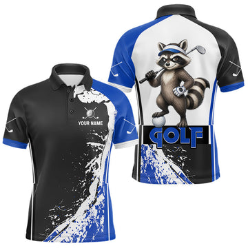 Maxcorners Funny Raccoon Golfer Mens Golf Polo Shirts Custom Blue Splatter Golf Team Outfits Golf Gift