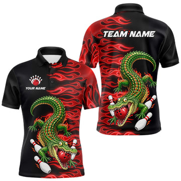 Maxcorners Custom Funny Alligator Fire Flame Bowling Shirt For Men Personalized Red Flame Bowling Team Jersey