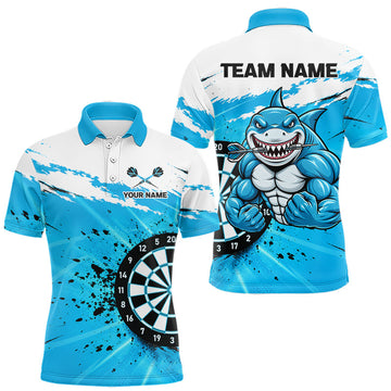 Maxcorners Funny Muscle Shark Darts Polo 1/4-Zip Shirt For Men Custom Blue Splatter Dartboard Darts Team Jersey