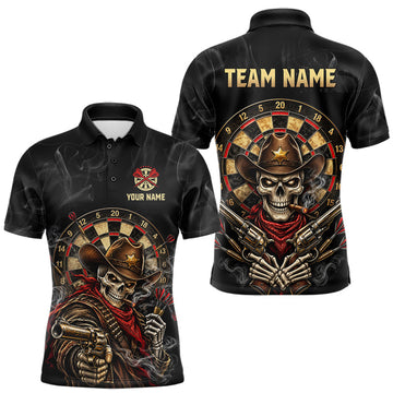Maxcorners Funny Cowboy Skeleton Darts Polo 1/4-Zip Shirt For Men Custom Smoke Darts Uniform Darts Team Jersey