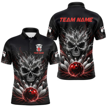Maxcorners Red And Grey Smokes Horror Skull Bowling Shirts For Men Custom Thunder Skull Team Bowling League
