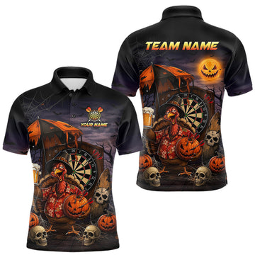 Maxcorners Custom Halloween Darts Polo 1/4-Zip Shirt Funny Drunk Turkey With Beer Pumpkin Darts Jersey For Men LM0410