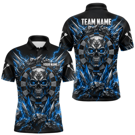 Maxcorners Custom Silver Skull Darts 1/4-Zip Polo Shirt For Men Blue Thunder Darts Team Tournament Jersey