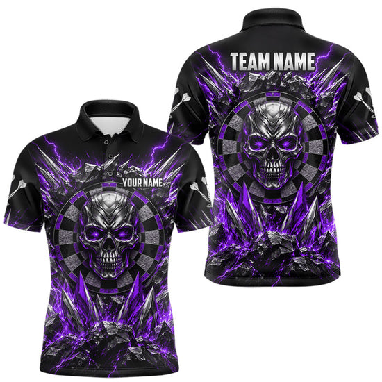 Maxcorners Custom Silver Skull Darts 1/4-Zip Polo Shirt For Men Purple Thunder Darts Team Tournament Jersey