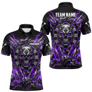 Maxcorners Custom Silver Skull Darts 1/4-Zip Polo Shirt For Men Purple Thunder Darts Team Tournament Jersey