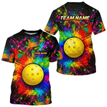 Maxcorners Custom Colorful Paint Mens Pickleball Ball T-Shirt Splatter Best Pickleball Clothing | Black LM0106