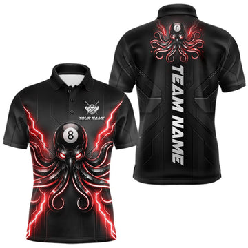 Maxcorners Thunder Red Octopus 8 Ball Billiard Polo Quarter-Zip For Men Custom Funny Billiard Pool Team Jersey LM0409