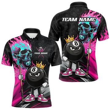 Maxcorners Pink Flame 8 Ball Funny Billiard Polo 1/4-Zip For Men Custom Turquoise Skull Pool Billiard Team Jersey LM0409