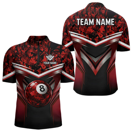 Maxcorners Black & Red Geometric 8 Ball Pool Polo & 1/4-Zip Shirt For Men Custom Pool Billiard Team Jerseys LM0404