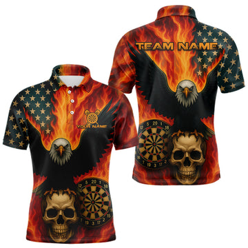 Maxcorners Custom Patriotic Darts Shirt For Men Flames Eagle US Flag Dart Jerseys, Darts Team LM1708