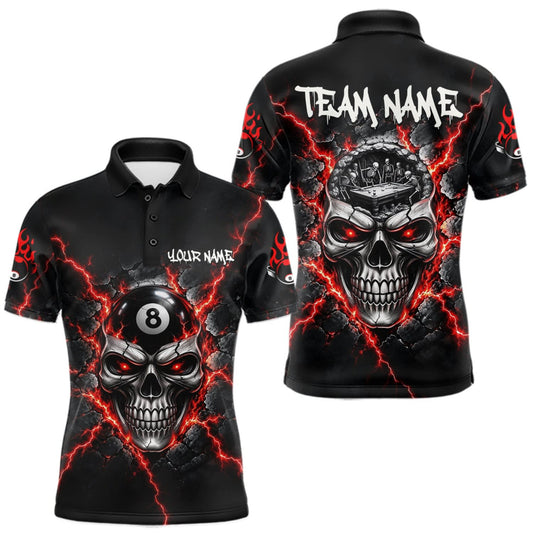 Maxcorners Custom Cracked Skull 8 Ball Billiard Shirt For Men Red Thunder Skeleton Billiards 1/4-Zip Polo Jersey LM0510