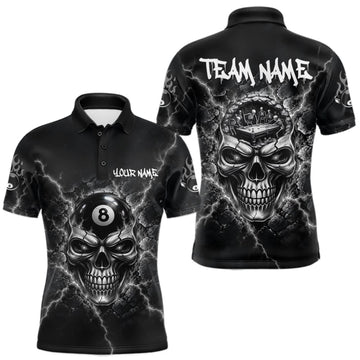 Maxcorners Custom Cracked Skull 8 Ball Billiard Shirt For Men Grey Thunder Skeleton Billiards 1/4-Zip Polo Jersey LM0510