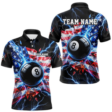 Maxcorners Broken Glass US Flag Billiard Shirt For Men Custom 8 Ball Blue Lightning Billiard Pool Tournament Shirt LM0510