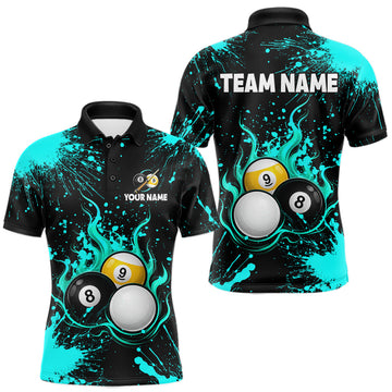 Maxcorners Teal Splatter Flame 8 Ball & 9 Ball Pool Polo 1/4-Zip Shirt For Men Personalized Billiard Team Apparel