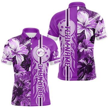 Maxcorners Purple Tropical Flower Flame Bowling Polo Quarter Zip Shirts For Men Custom Bowler Gift Bowling Team LM0510