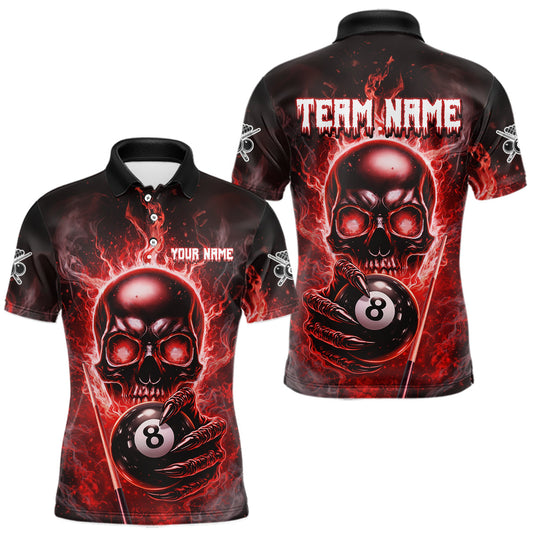 Maxcorners Red Flames Skull Hoding 8 Ball Pool Men Polo & 1/4-Zip Shirt Custom Billiards Ball Jerseys LM0901