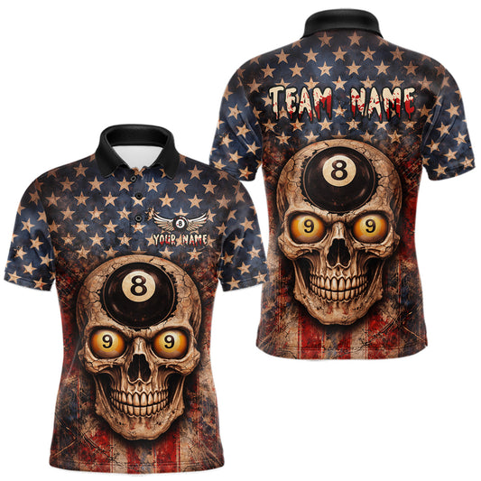 Maxcorners Retro American Flag Skull Pool 8 Ball & 9 Ball Men Billiard Shirt Personalized Balls Billiard Shirts