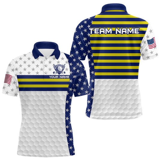 Maxcorners American Flag Mens Golf Polo Shirt Custom Yellow And Blue Patriotic Golf Team Shirt Golf Tops