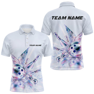 Maxcorners Custom Bowling Team Shirt For Men Pink Holographic Pins & Ball Bowling Polo 1/4-Zip Jersey