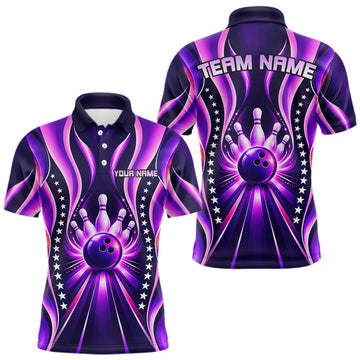 Maxcorners Glowing Pins Bowling Ball Shirt For Men Custom Neon Purple Bowling Jersey Team Apparel