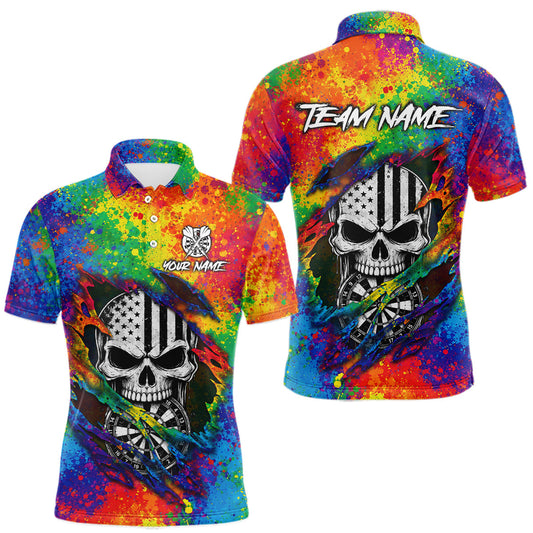 Maxcorners Colorful Splatter Torn Dart Shirt Custom US Flag Skull Darts Team Outfits For Men, Darts Gifts LM0410