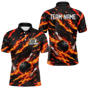 Maxcorners Black And Red Fire Bowling Shirt For Men Custom Flame Bowling Team Polo Quarter-Zip Shirt LM1508