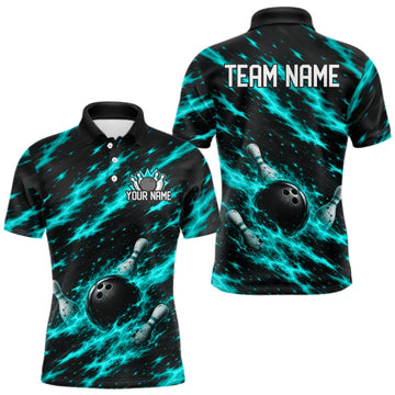 Maxcorners Black And Turquoise Fire Bowling Shirt For Men Custom Flame Bowling Team Polo Quarter-Zip Shirt LM1508