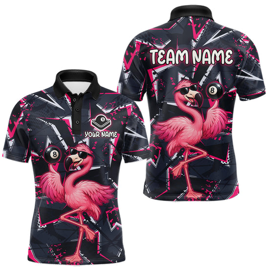 Maxcorners Custom Flamingo Men Billiard Polo 1/4-Zip Shirt Pink Strikes 8 Ball Billiard Fun Pool Team Uniform
