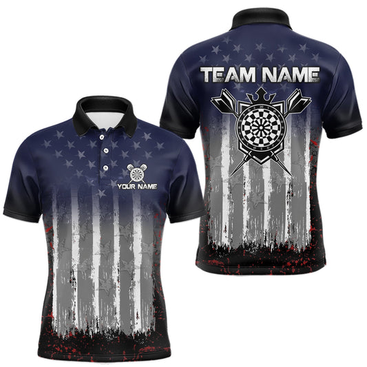 Maxcorners Gray, Blue And Red Grunge US Flag Darts Polo & 1/4-Zip Shirt Custom Patriotic Dart Jersey For Men