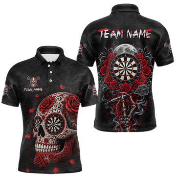Maxcorners Red Sugar Skull Tattoo Custom Team Dart Polo Quarter-Zip Shirts Roses Skull Darts Jersey For Men
