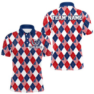 Maxcorners American Flag Argyle Golf Polo Shirt For Men Custom Red White Blue Argyle Golf Team Shirts LM1910