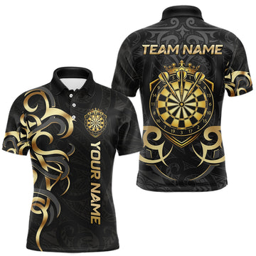 Maxcorners Custom Black And Gold Crown Dartboard Darts Men Polo 1/4-Zip Shirt, Polynesian Tribal Darts Attire LM2704