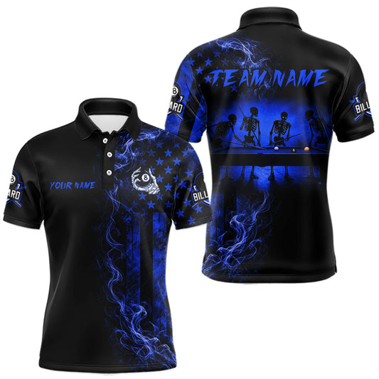 Maxcorners Blue Smokes American Flag 8 Ball Billiard Pool Shirt For Men Custom Billiard Skeleton Team Appeal