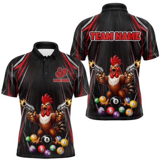 Maxcorners Black And Red Grunge Rooster Gun 8 Ball Mens Billiard Polo Shirts Custom Funny Billiard Team Apparel