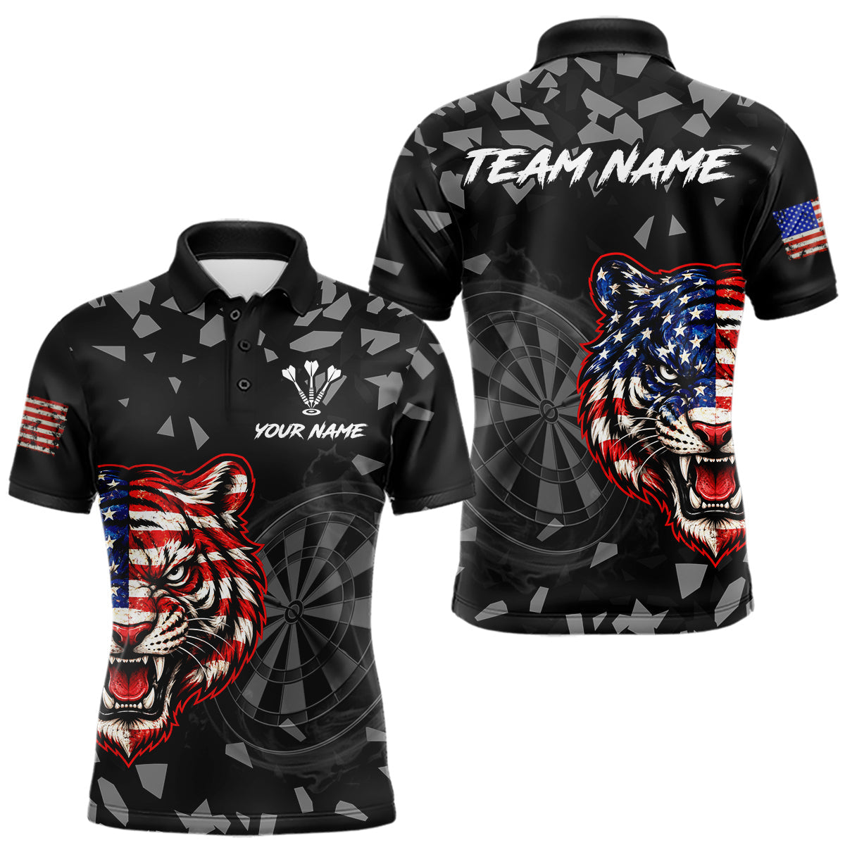 Maxcorners USA Flag Tiger Dartboard Custom Grunge Men Darts Polo 1/4-Zip Shirt Patriotic Darts Team Jersey