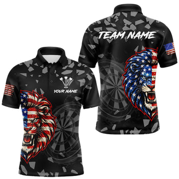Maxcorners USA Flag Lion Dartboard Custom Grunge Men Darts Polo 1/4-Zip Shirt Patriotic Darts Team Jersey