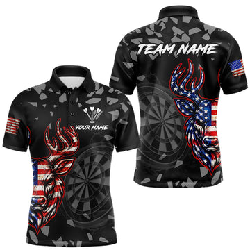 Maxcorners USA Flag Deer Dartboard Custom Grunge Men Darts Polo 1/4-Zip Shirt Patriotic Darts Team Jersey