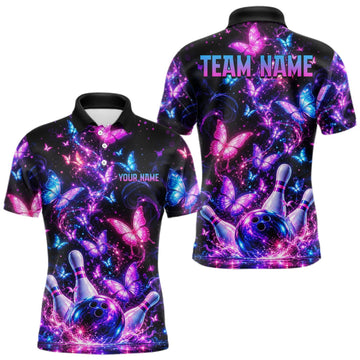 Maxcorners Pink Purple Neon Bowling Polo 1/4-Zip Shirt For Men Custom Name Smoke Butterfly Bowling Jersey Uniform LM2709
