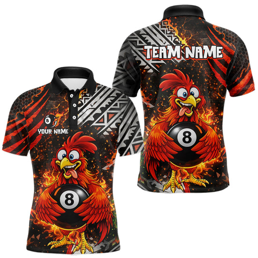 Maxcorners Funny Rooster Plays Pool 8 Ball 3D Billiard Shirt For Men Custom Grunge Flame Billiard Team Attire