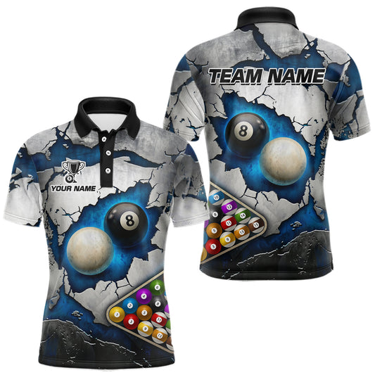 Maxcorners Blue And Grey Cracked 8 Ball Billiard Polo & 1/4 Zip Shirt For Men Custom Billiard Pool Team Shirt