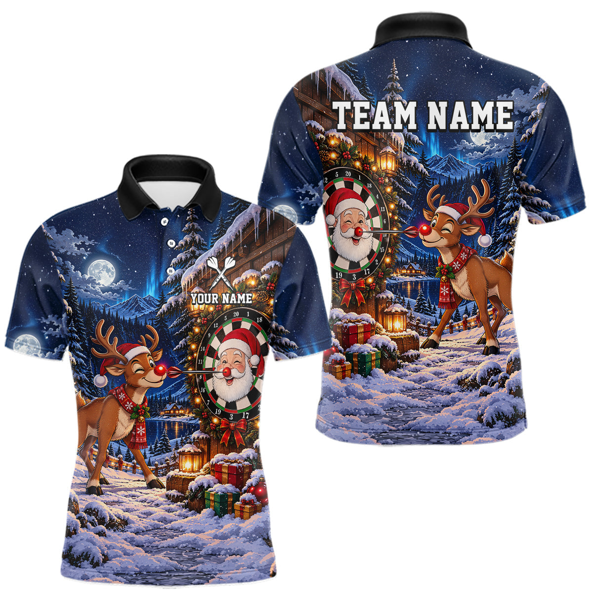 Maxcorners Personalized Reindeer Christmas Dart Jersey For Men Custom Name Xmas Darts Polo 1/4-Zip Shirt
