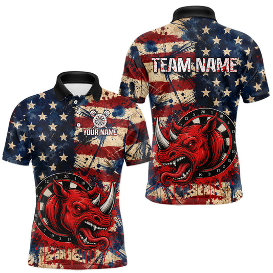 Maxcorners Red Dripping Rhino Funny Men Darts Polo 1/4-Zip Shirt Custom Grunge American Flag Dartboard Apparel