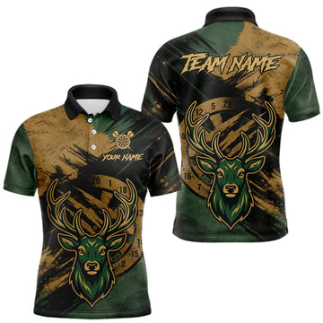 Maxcorners Custom Green & Gold Grunge Funny Deer Darts Polo & 1/4 Zip Shirt For Men Deer Darts Team Jerseys LM0409