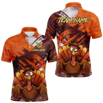 Maxcorners Custom Orange Grunge Turkey Dart Polo & 1/4 Zip Shirt For Men Thanksgiving Darts Team Jersey LM0409