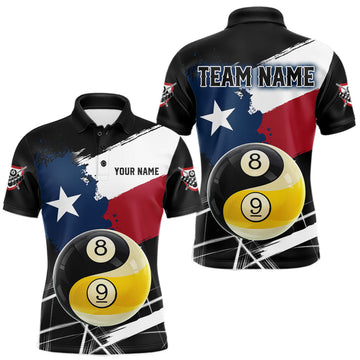 Maxcorners Texas Flag Splash 8 Ball & 9 Ball Pool Yin-Yang Mens Billiard Shirt Custom Patriotic Billiard Jersey