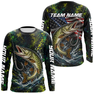 Maxcorners Personalized Pike Splatter US Flag Fishing Jersey Custom Name Long Sleeve Fishing Shirt For Men LM0609
